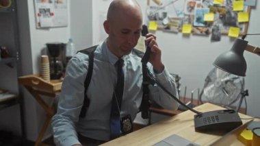Dazlak dedektif, düzensiz bir polis merkezinde soruşturma kuruluyla telefonda konuşuyor..