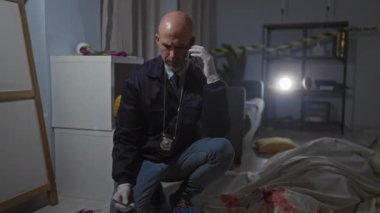 Kel dedektif, adamın ciddi araştırma çalışmalarını yansıtan kanlı olay yerini inceliyor..