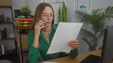 Genç, çekici, sarışın, beyaz kadın ofis ortamında, bir belge okuyor ve iş yerindeki telefonda arka planda bitki ve raflarla konuşuyor..