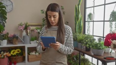 Bitkilerle dolu bir evde tablet kullanan İspanyol kadın, modern, kentsel bir bahçe hayatı yansıtıyor..