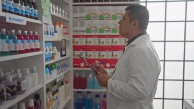 Beyaz önlüklü bir erkek eczacı tıbbi malzemelerle dolu modern bir eczanede envanter çıkarıyor.