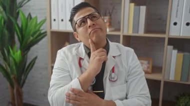 Klinikte doktor üniforması giymiş neşeli, genç İspanyol bir adam, tek parmakla işaret ederek, mutlu bir yüz ifadesi göstererek, yenilikçi bir fikir ya da soru ilan ederek,