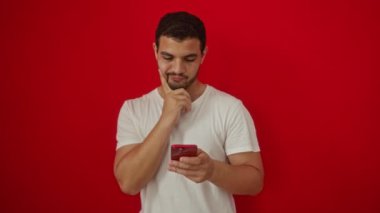 Şaşkın suratlı, akıllı telefon tutan genç İspanyol adam, izole edilmiş kırmızı arka planda mutlu bir fikirle işaret ediyor.
