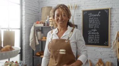 Orta yaşlı bir kadın fırında duruyor ve arka planda ekmek rafları ve hamur işleriyle iyi bir jest yapıyor..
