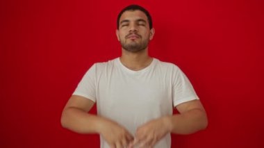 Meditasyon, beyaz tişört giyen İspanyol genç adam yoga jestinde dikiliyor, gözleri kapalı, izole kırmızı arka planda rahatlamak için.