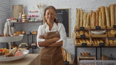 Çeşitli ekmek ve hamur işleriyle çevrili bir fırında çalışan Latin bir kadın, güvenle gülümsüyor ve tezgahın arkasında dikilirken başparmağını kaldırıyor..