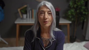 Yatak odasında, gri saçlı ve dövmeli bir kadın pijama giyiyor ve arka planda çalışma masası olan ev dekoruyla çevrili kameraya bakıyor.