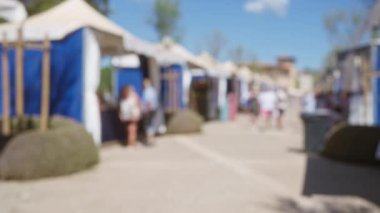 Mallorca 'da bulanık bir açık hava manzarası. Odaklanamayan insanlar, tezgahlar ve güneşli hava. Ziyaretçiler arasındaki gündelik etkileşimleri vurguluyor..