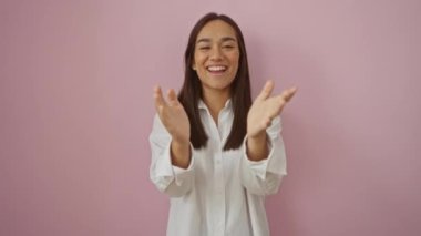 Genç bir kadın beyaz gömlek giyerek pembe arka planda el çırpıyor ve gülümsüyor..