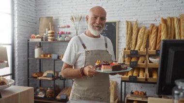 Fırında çalışan yaşlı bir adam, elinde çeşitli ekmek ve hamur işleriyle çevrili bir tabak kek tutuyor. Samimi bir dükkanda sergileniyor.