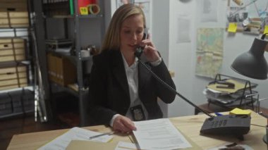 Beyaz kadın dedektif belgeleri analiz ediyor ve ofiste telefonla konuşuyor.