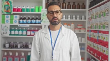 Genç İspanyol eczacı, üniformalı bir tasvip ve şüphe portresi, eczanede çapraz kol duruşu arkasında gerginliği maskeliyor.