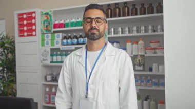 Eczacı üniformalı, mutlu, genç, İspanyol bir adam. Gülümsüyor ve eczanede kollarını kavuşturup pozitif bakıyor.
