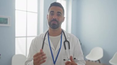 Genç bir İspanyol erkek doktor, iyi aydınlatılmış bir klinikte konuşurken profesyonellik ve ulaşılabilirlik yayarak el kol hareketi yapar..