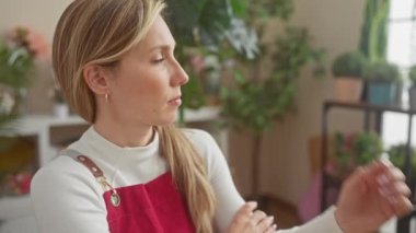 Genç sarışın bir kadından kendine güveni tam bir gülümseme, çiçekçi yan masada oturmuş, çiçekçide poz veren doğal güzelliği gözler önüne seriyor.