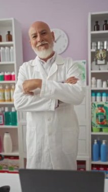 Eczanede katlanmış kolları olan, beyaz önlüklü, raflarda çeşitli ürünlerle çevrili, gri saçlı, sakallı, yetişkin bir adam.