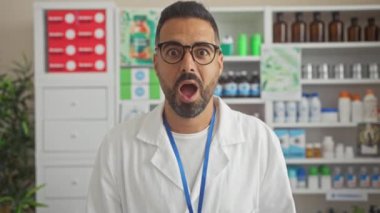 Genç İspanyol bir adam, üniformasını giymiş eczacı, ağzı açık, ağzı açık eczanenin önünde duran şaşkınlık ve korku dolu.