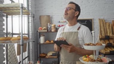 Orta yaşlı bir adam pastanede elinde tabletle arka planda hamur işleri ve ekmekle parmakla işaret ediyor ve önlük giyiyor.