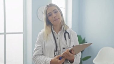 Elinde bir pano ve kalem tutan kadın doktor, büyük pencereleri ve arka planında duvar saati olan bir klinik odasında duruyor..