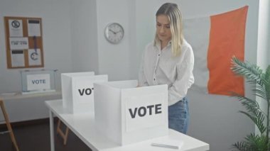 Güzel beyaz bir kadın, İrlanda 'daki kapalı bir üniversite odasında oy veriyor. Oy kullanma kabinleri ve İrlanda bayrağı belirgin bir şekilde sergileniyor..