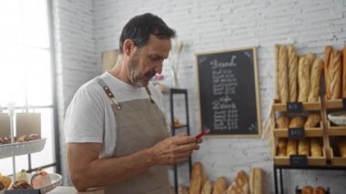 Fırında önlük giymiş İspanyol bir adam arka planda karatahta menüsü olan ekmek ve hamur işleriyle çevrili akıllı telefonunu kontrol ediyor..