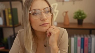 Ofiste gözlük takan genç sarışın kadın, düşünceli görünüyor, arka planda kitaplıklar ve bitkiler var..