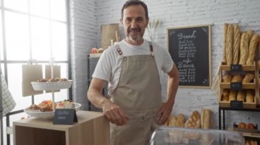 Önlüklü İspanyol adam arka planda hamur işleri ve ekmekle bir fırının arkasında gülümsüyor..
