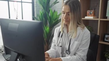 Sarışın güzel bir doktor kliniğinde kutlama yapıyor. Kapalı alanda bilgisayar üzerinde çalışırken bulaşıcı bir gülümseme sergiliyor..