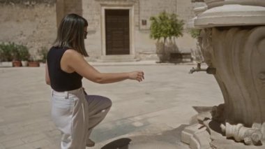 İtalya 'da genç bir kadın antik bir Puglia kasabasındaki eski bir taş çeşmenin üzerine eğiliyor, güneşli, tuhaf bir Avrupa caddesinde kendini suyla serinletiyor..