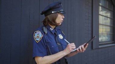 Orta yaşlı bir kadın polis memuru dışarıdaki tablete karanlık bir şehir geçmişine karşı notlar yazıyor..