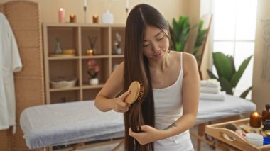 Kaplıcadaki Asyalı kadın uzun saçlarını dingin bir güzellik merkezinde mumlar ve bitkilerle tarıyor..