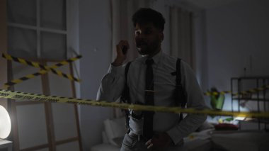 Düşünceli bir Afrikalı Amerikalı adam arka planda uyarı bandıyla loş bir suç mahallinde telsizle iletişim kuruyor..