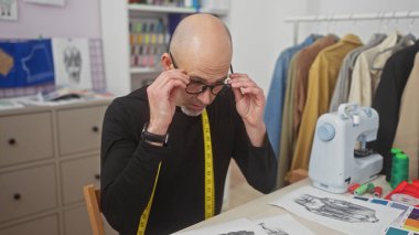 Gözlüklü kel sakallı terzi. Gözlüğünü kumaşlar ve dikiş makinesiyle çevrili renkli bir atölyede ayarlıyor..