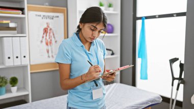 A focused south asian woman writing notes in a clinic setting, suggestive of a professional healthcare environment. clipart