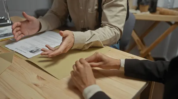 stock image Two professionals examine documents at an indoor wooden table signifying a strategic meeting or collaboration.