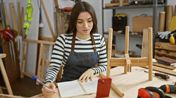 Сосредоточенная латиноамериканка в деревообрабатывающей мастерской, делающая заметки рядом с деревянным стулом..