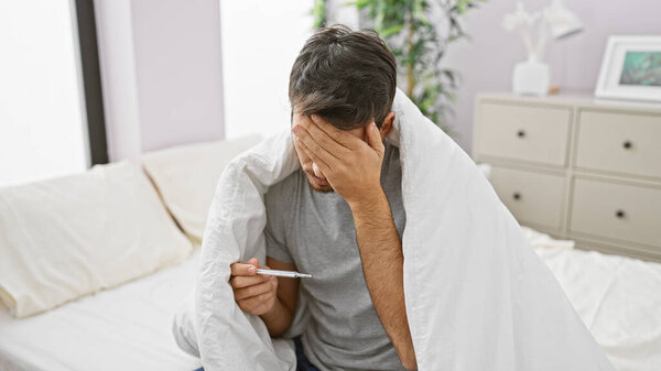 Worried hispanic man sitting in bedroom holding thermometer, feeling unwell