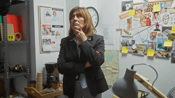 stock image A thoughtful woman detective stands in an office with evidence board, clock, and maps, suggesting an investigation scene.