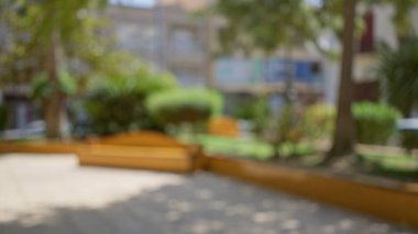 Duvarkağıdı veya arkaplan kullanımı için ideal bir bokeh etkisi olan ağaç ve bankların bulunduğu bir açık hava parkının bulanık arkaplanı