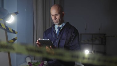 Kel bir adam, kapalı bir suç mahallindeki tableti dikkatli bir bant ile inceliyor. Soruşturma ve kanıt analizini çağrıştırıyor..