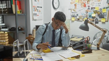 Bir dedektifin masasında delilleri inceleyen stresli bir genç adam polis karakolunda dökümanlar ve fotoğraflarla dolu..