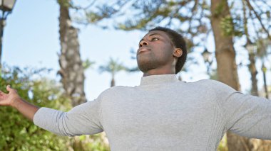 Düşünceli bir Afro-Amerikan erkeği şehir parkında sükuneti sever..