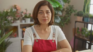 Önlük giyen orta yaşlı, kendine güvenen bir İspanyol kadın çiçekçi dükkanında gururla dikiliyor, bitkilerle çevrili..