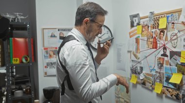 A mature man analyzing evidence on a board in a detective's office, suggesting an investigation scene. clipart