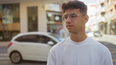 Şehirde gözlüklü, beyaz tişörtlü, arka planda binalar olan İspanyol bir adam..