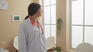 İspanyol kadın doktor, hastane kliniğinin bekleme odasında, beyaz bir ceket giyer ve kollarını güvenle kavuşturur. Arka planda steteskop ve iç dekorla birlikte..