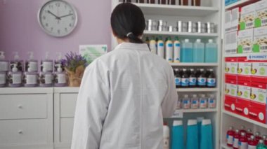Arka planda çeşitli ürünlerle dolu raflarla iyi organize edilmiş bir eczanede çalışan genç bir İspanyol kadın eczacı..