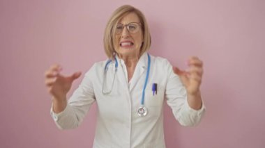 Sarışın ve gözlüklü yaşlı, beyaz bir kadın doktor izole edilmiş pembe bir duvarın önünde öfkeyle bağırıyor..