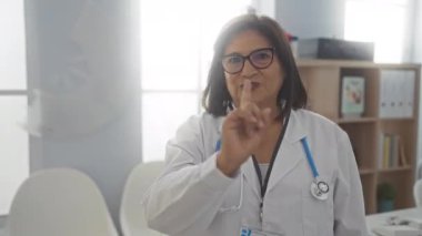 Yaşlı İspanyol kadın doktor, bir klinik odasında, beyaz önlük ve stetoskop giyerken sessiz olmaya çalışıyor, kararlı bir ifadeyle..