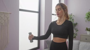 Spor kıyafetli genç bir kadın modern bir oturma odasında halterleri kaldırıyor..